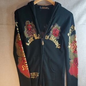 Ed Hardy Black zip up sweater with hood. Decorative roses and skulls on